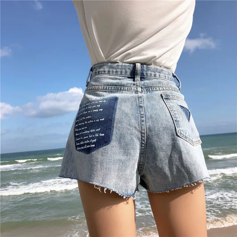Summer 2019 Лето корейский стиль свободный цвет пэчворк с высокой талией джинсы женские повседневные широкие lege шорты женские (Z6227)