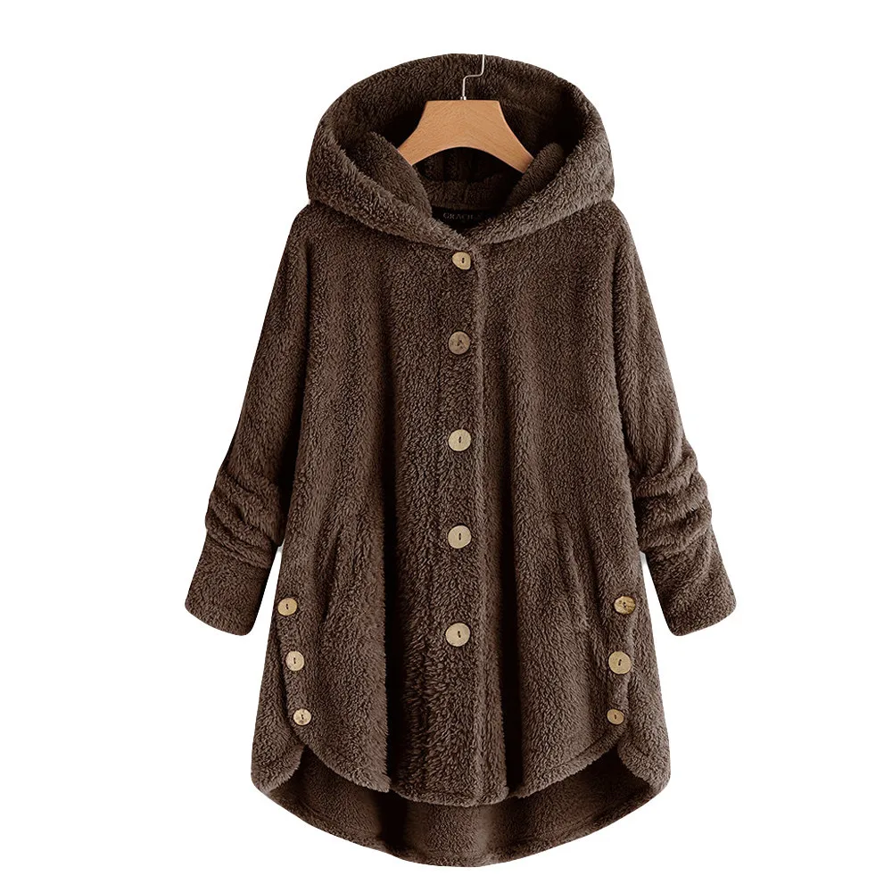 Hot Winter Plus Size S-5XL Fashion Women Button Coat Fluffy Tail Tops Hooded Pullover Loose Sweater Oversize Jassen Warm Uitlope - Цвет: Coffee