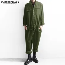 INCERUN, модный мужской комбинезон-карго с длинным рукавом, на пуговицах, однотонный, с отворотом, уличная одежда, комбинезоны, брюки, мужские, повседневные, ретро-комбинезон, S-5XL