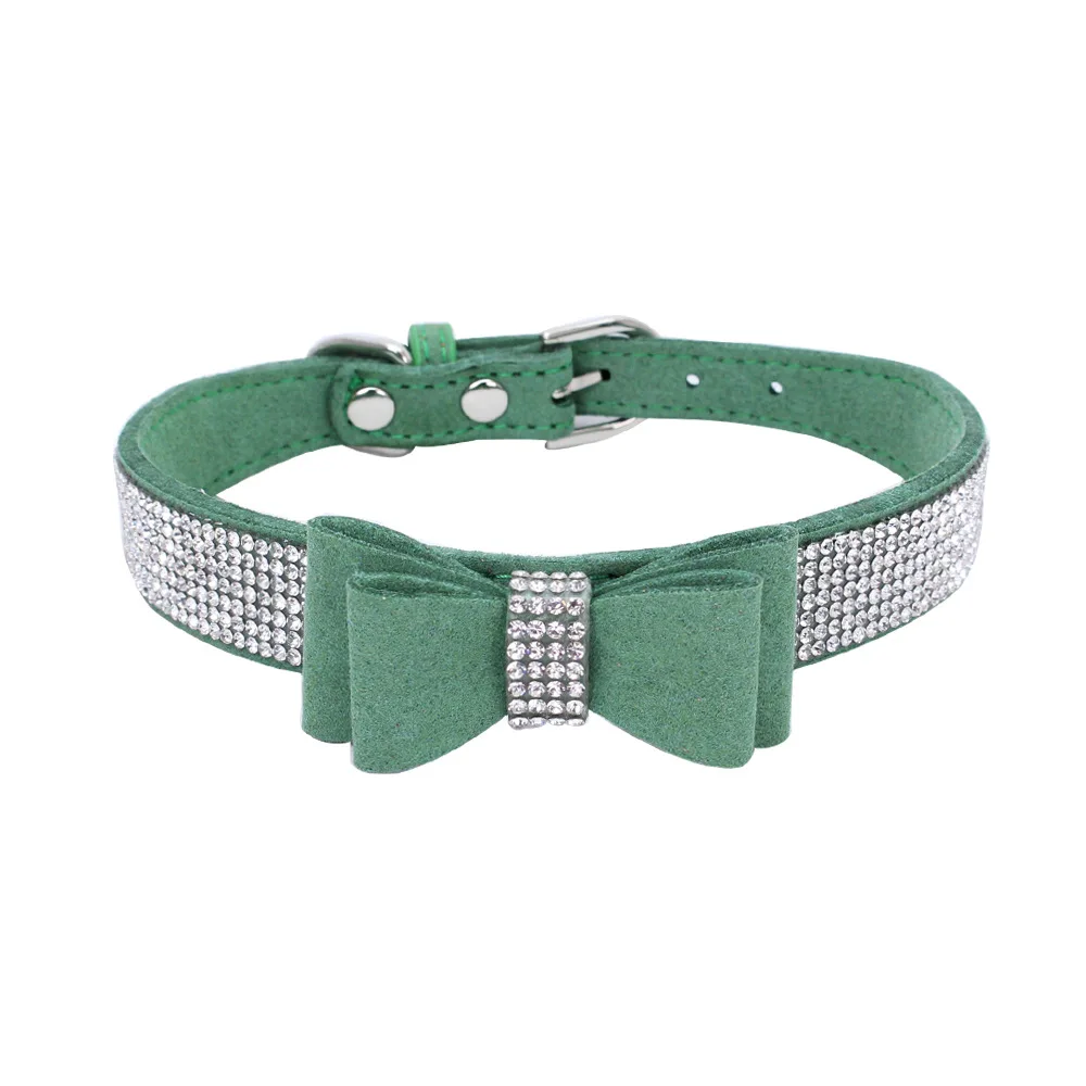 Bling Rhinestone Pet Collars Adjustable PU Leather Double-layer Microfiber Bowknot Cat Dog Collars For Small Medium Dogs Cats - Цвет: Dark green