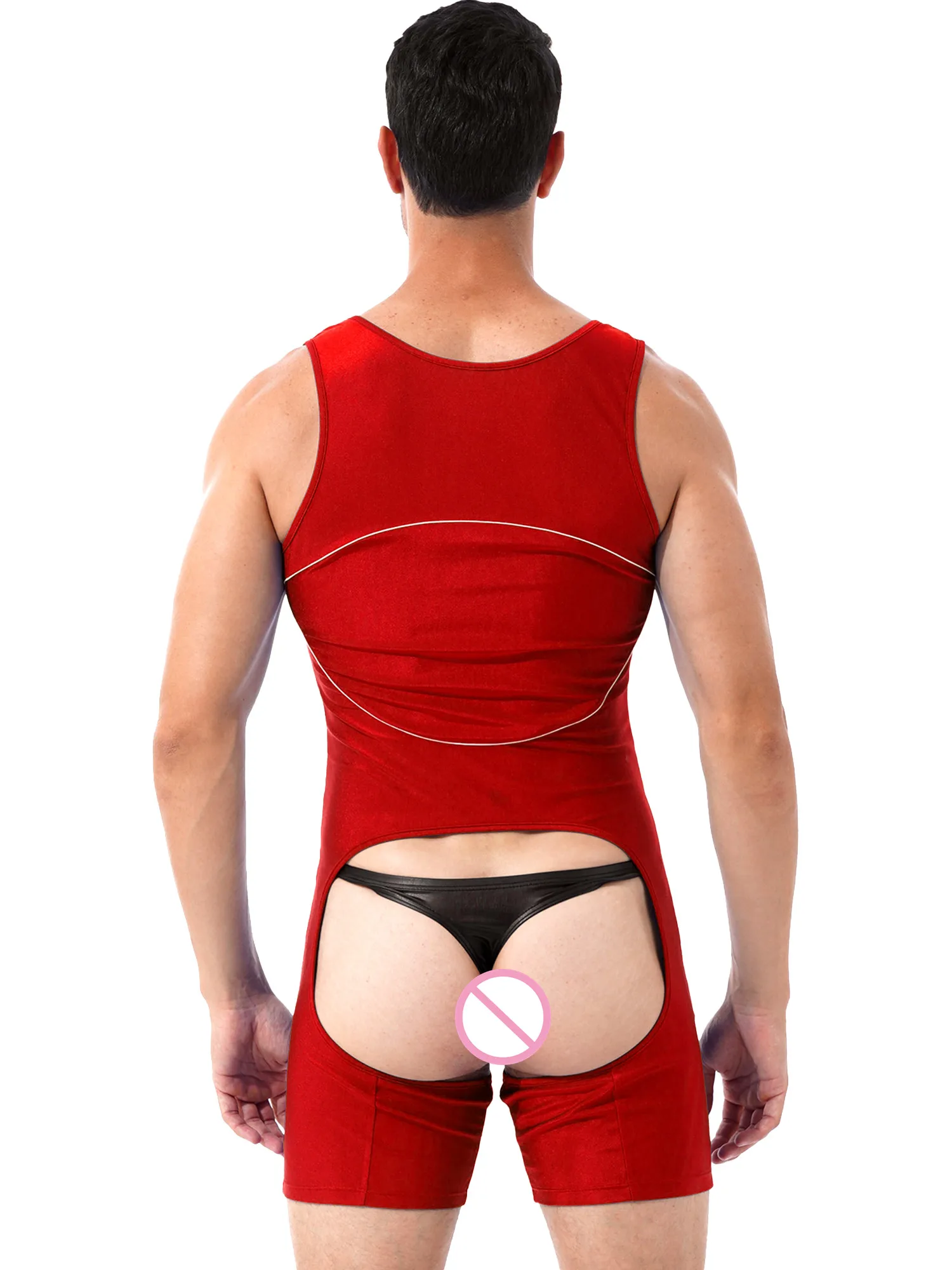 Men Crotchless Open Butt Bodysuit Jumpsuit Sleepwear Color Block Sleeveless U Neck Hollow Out Teddies Nightwear