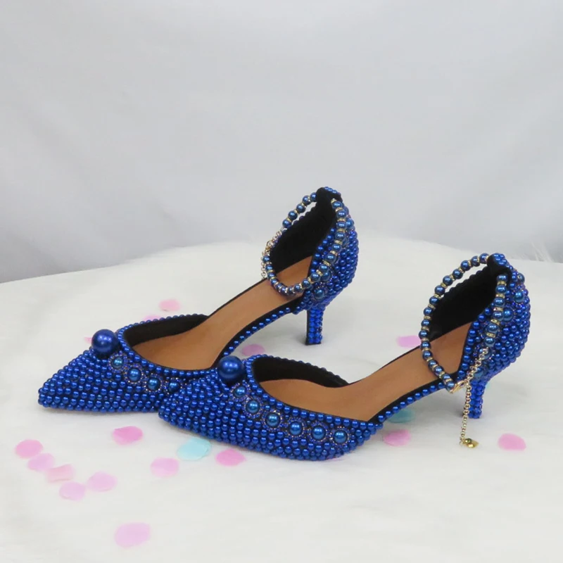 

BaoYaFang 2020 Royal Blue Crystal Pearl Wedding shoes Woman Thin heel pointed toe Bridal Party dress shoe big size Ankle Strap