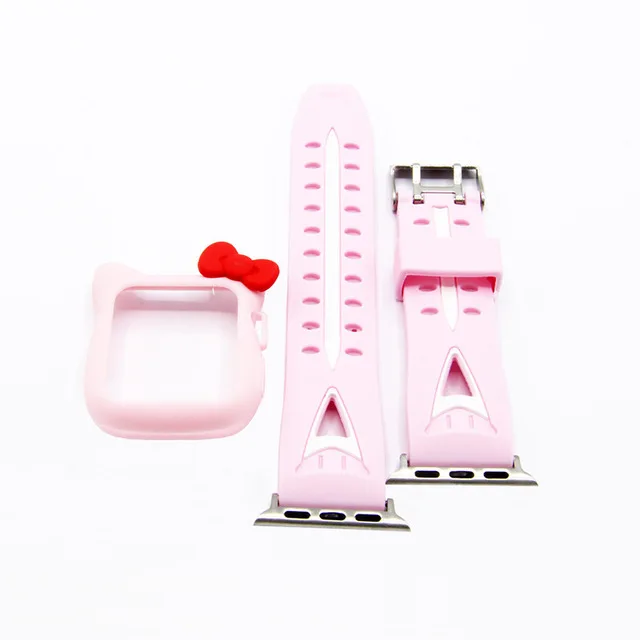 Мягкий силиконовый чехол для часов 2 в 1 для Apple Watch band 38 мм 42 мм Hello kitty защитный ремешок для iwatch series 3/2/1 - Цвет ремешка: Pink red