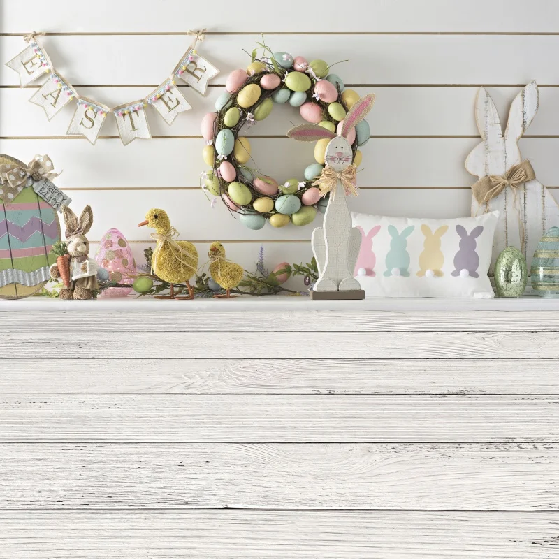 

Easter Backgrounds For Photography Rabbit Bunny Chicken Eggs Gray Wooden Floor Baby Party Portrait Photo Backdrops Photo Studio