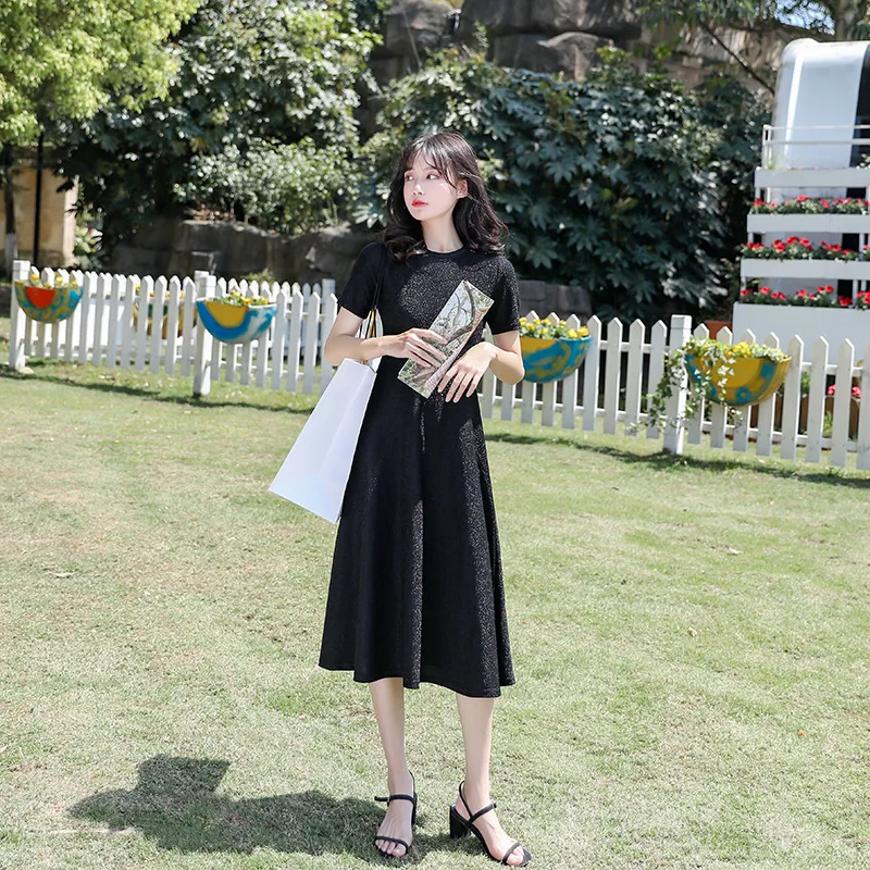 

New Style Elegant Crew Neck High-waisted Slimming Shiny Mid-length Dress Women's