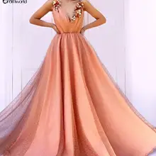 Abendkleider оранжевые Цветочные аппликации А-силуэт платья для выпускного вечера Длинные Сексуальные с v-образным вырезом на бретелях без рукавов Тюль вечернее платье с пайетками