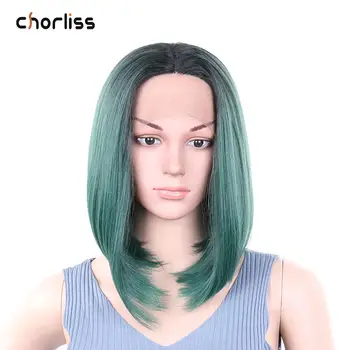 

Natural Dark Blackish Green Women Short Straight Bob Wigs Synthetic Lace Front Wigs Chorliss Middle Part Frontal Cosplay Wig