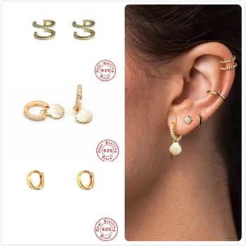 

925 Sterling Silver Earrings For Women Gold Shell Earrings Cartilage Ear Bone Earrings Girl Long Sea Shells Circle Earrings R5