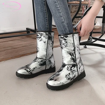 

Winter warm snow boots fashion color matching slip-on white blue silver medium with mid-calf boot women's shoes big size