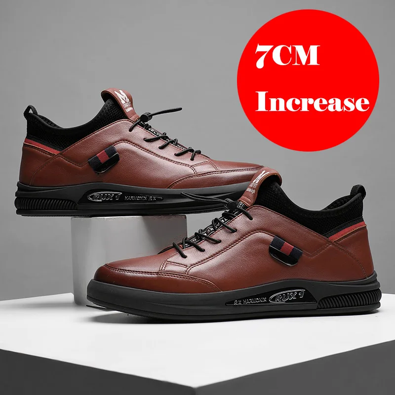 7cm increase brown Misalwa, визуально увеличивающие рост, 5/7 см, мужская повседневная кожаная обувь, весна/осень, уличные дышащие кроссовки, мужская повседневная обувь, черный, коричневый цвет - Цвет: 7cm increase brown