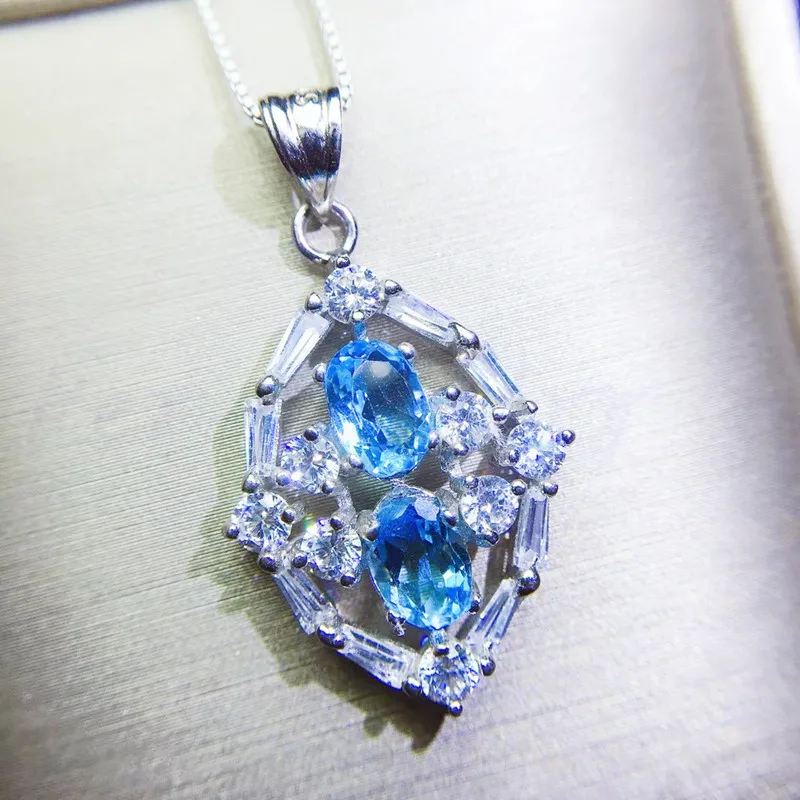 Натуральное Настоящее ожерелье из голубого топаза подвеска 1.1ct* 2 шт драгоценный камень Серебро 925 пробы хорошее ювелирное изделие Q910242