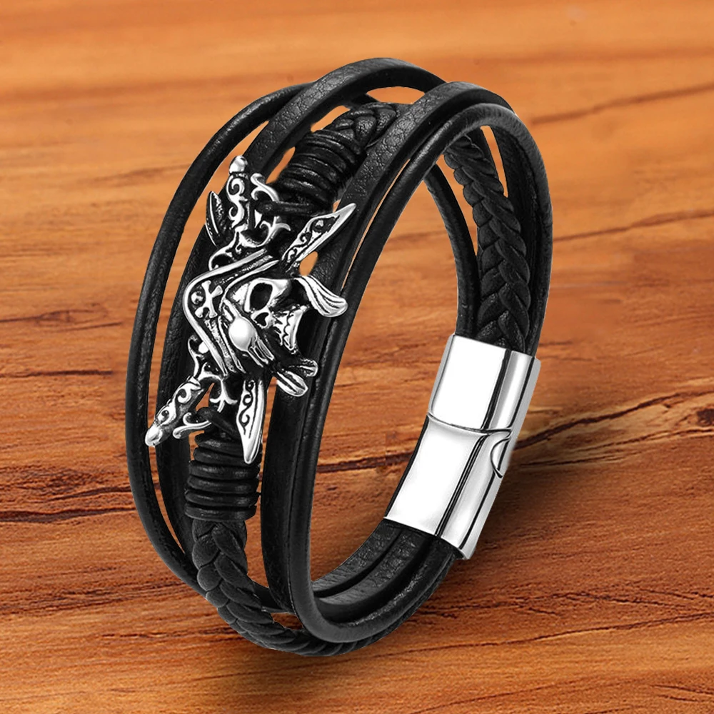 Charm Stainless Steel Jewelry Pirate Braided Black Handmade Genuine Leather Bracelets For Men Magnetic Rope Accessories