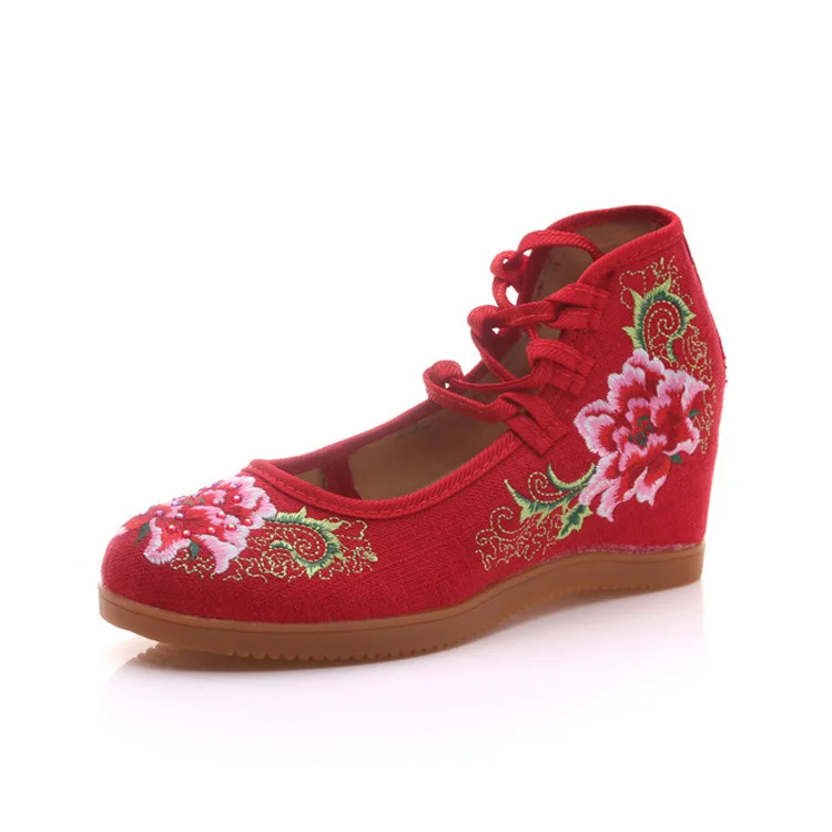

Seven Centimeter Embroidered Shoes Linen Fabric Hot Drilling Ethnic-Style Bandage Cloth Flax Elevator WOMEN'S Shoes Bride High H