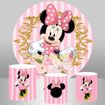 

Minnie mouse birthday party backdrops Flower Pink gold baby shower round scene setter decor banner Circle background poster