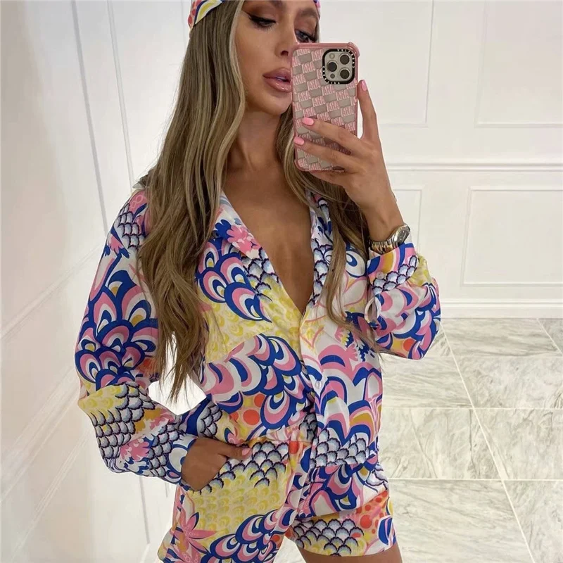 lounge wear hirigin 2pcs Beach Styles Satin Sets Women Fashion Scenery Pattern Button-down Shirts and Shorts 2021 New Summer Casual Sets lounge sets for women