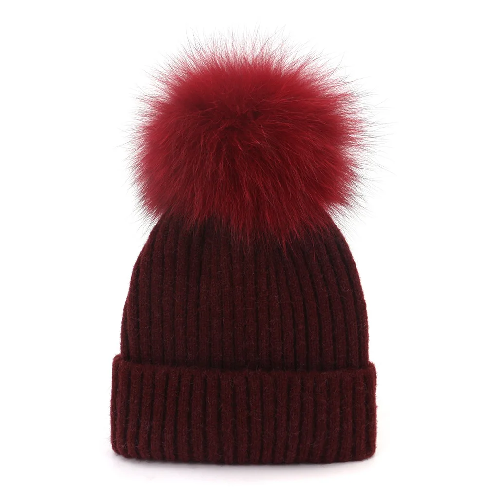 Wool ball cap 2 Новая Вязаная Шапочка натуральный шарик из меха лисы шапочки Теплая Зимняя женская шапка детская вязаная шерстяная шапка Толстая Женская шапка - Цвет: Wool ball cap 2