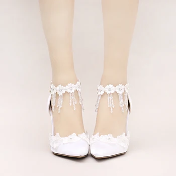 

9cm High Heels Wedding Shoes Red Women Pumps Crystal Lace Flower Tassel Buckle Strap Bridal Stiletto Shoes Party Ladies Shoes