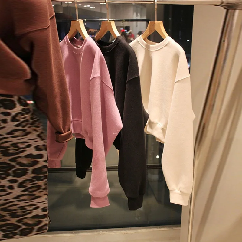 

Fall 2019 New Women Clothes Sheer Simple Sleeves Short - Sized Women Waist Sweatshirt Women Clothing Sweatshirt Women