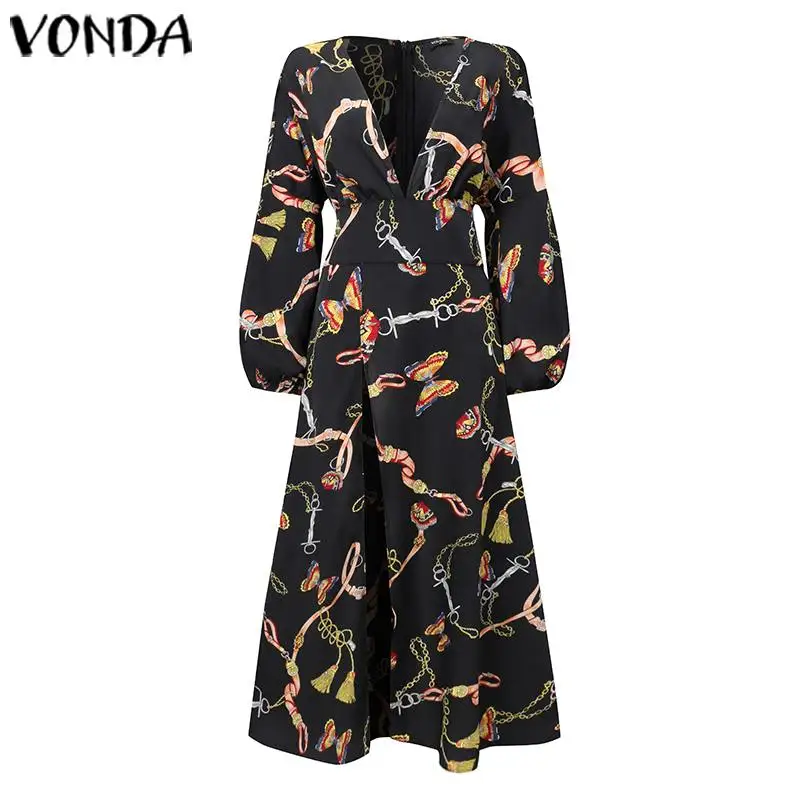 VONDA, Женская длинная блуза, богемный стиль, рукав-фонарик, высокий разрез, платье размера плюс, топы,, винтажная туника с принтом, рубашки, Blusas Feminina
