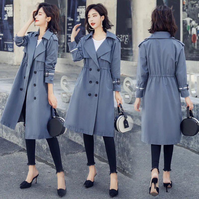 

Haze Blue over-the-Knee Autumn Clothing Trench Coat Women's Mid-length Korean-style Spring Elastic Waist Hugging Slim Fit CHIC T
