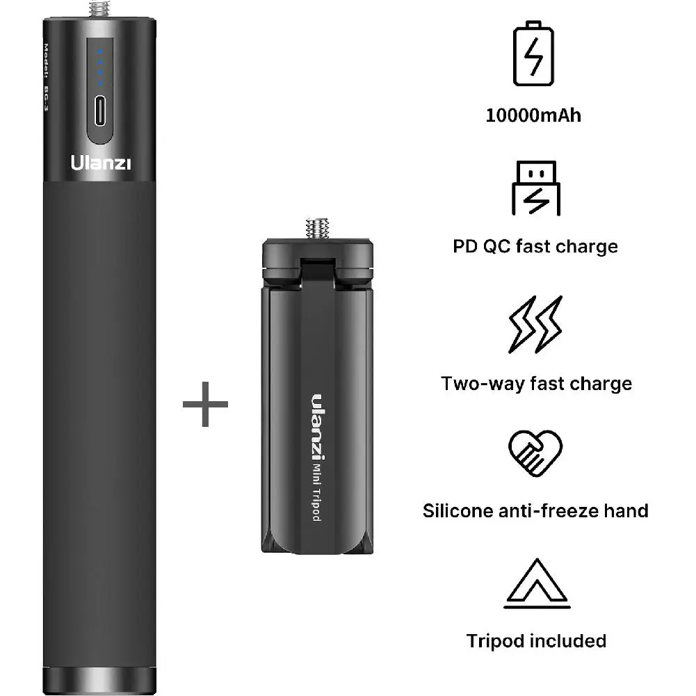 Ulanzi BG-3 10000mAh Battery Power Charger Hand Grip with Mini Tripod 18W PD QC Fast Charge for Smartphone DSLR GoPro 9/8/7/6/5