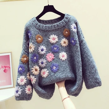 

Sweater Women's 2020 Spring Winter Retro Handmade Three-dimensional Flower Lazy Wind Sweater Loose-Fit Sweaters Ladies Jumper