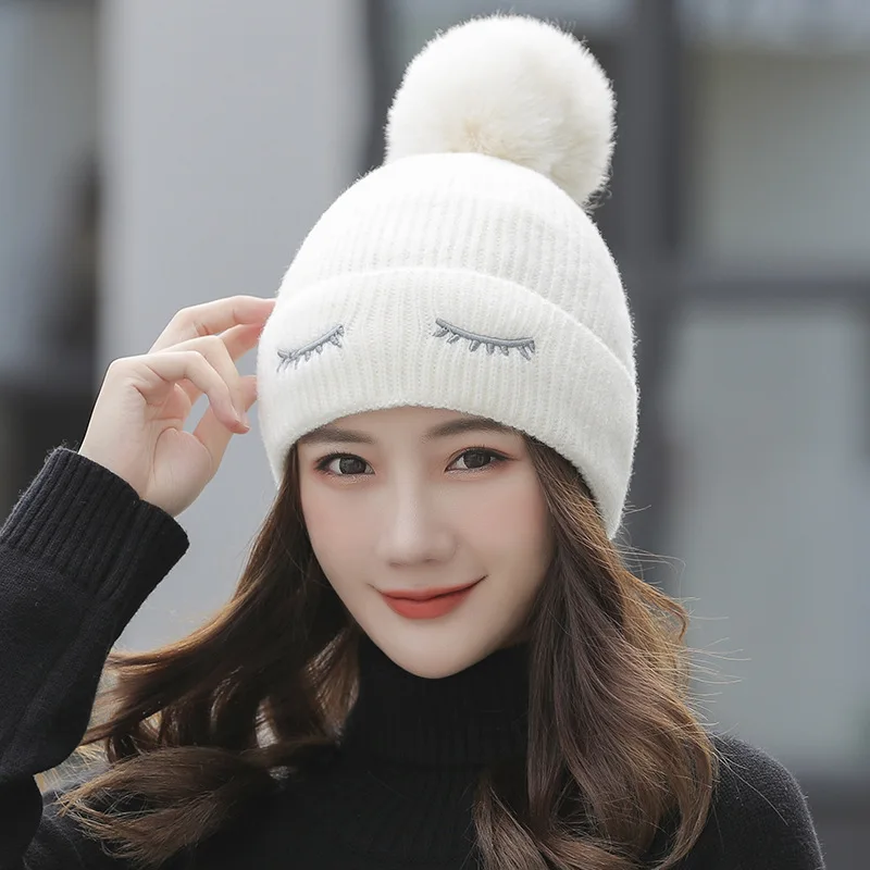 Весенняя зимняя женская вязаная шапка Skullies для девушек, студенток, плюшевая теплая шапка, модная шапка с помпонами, женские зимние шапки