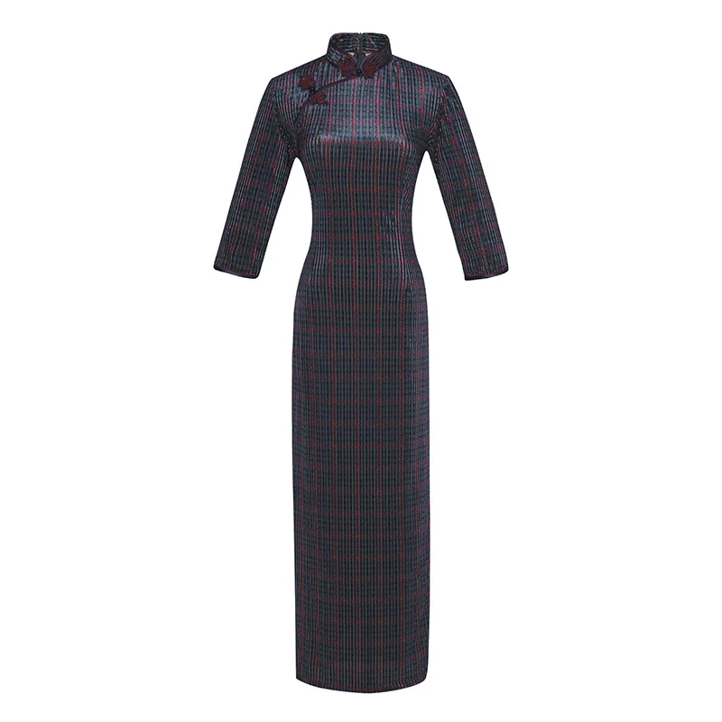 Женское велюровое длинное платье Cheongsam в китайском стиле с воротником-стойкой, весеннее приталенное платье Qipao для вечеринок, женское платье на пуговицах, Vestido M-3XL