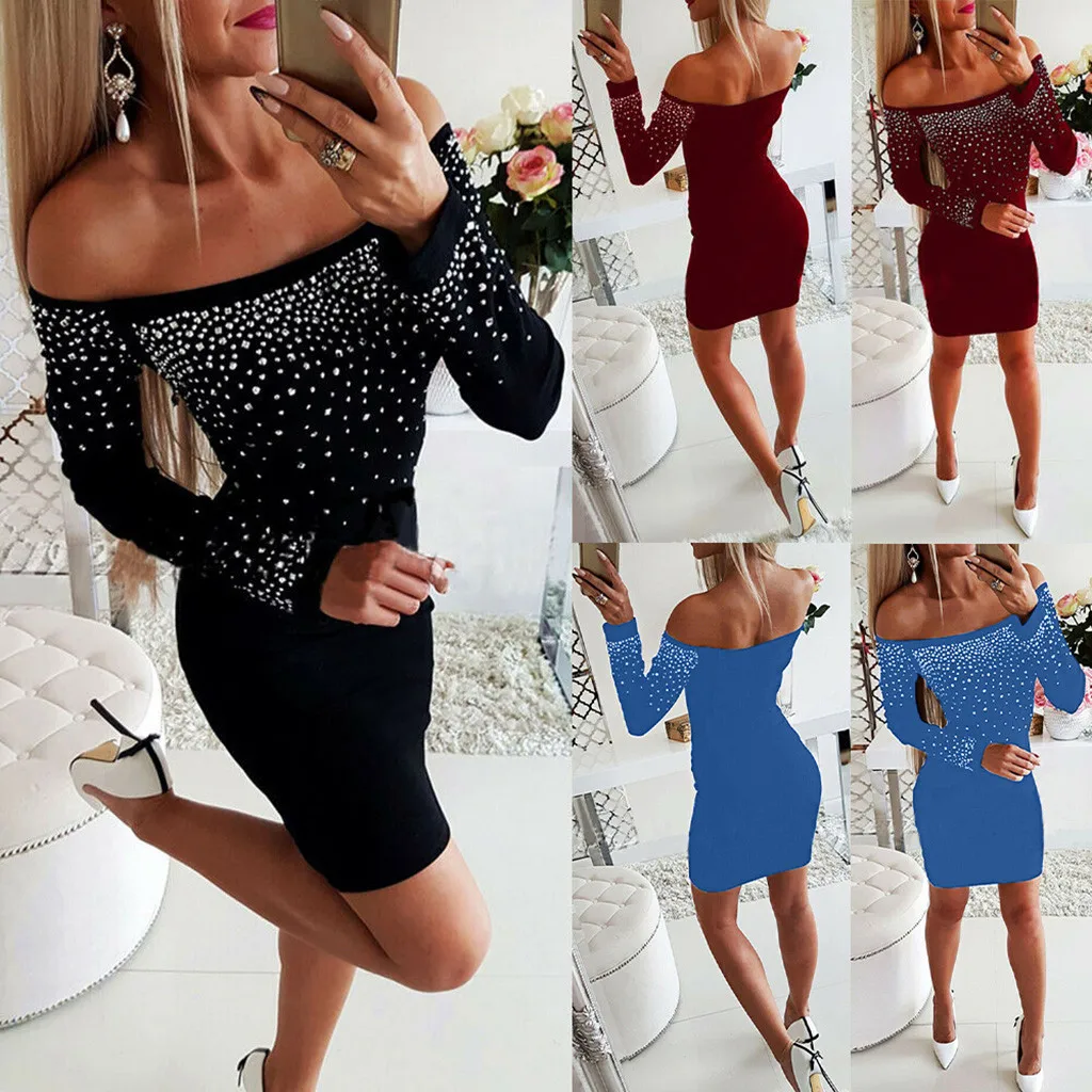 Женское модное зимнее однотонное платье с открытыми плечами соблазнительное