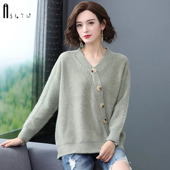 

ASLTW Pullover Sweater Woman Winter Thick Solid Button V Neck Jumper Long Sleeve Top Pull Femme Cashmere Women Sweater