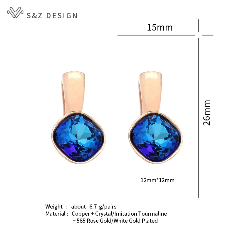 S&Z DESIGN New Fashion Square Crystal Dangle Earrings For Women Luxury Party Wedding Jewelry 585 Rose Gold Color Eardrop
