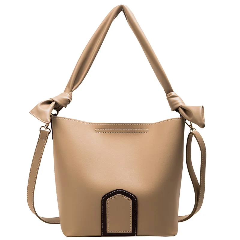 Винтажная сумка-мешок из искусственной кожи для женщин, простая большая сумка через плечо, женские модные сумки, одноцветные сумки - Цвет: Khaki