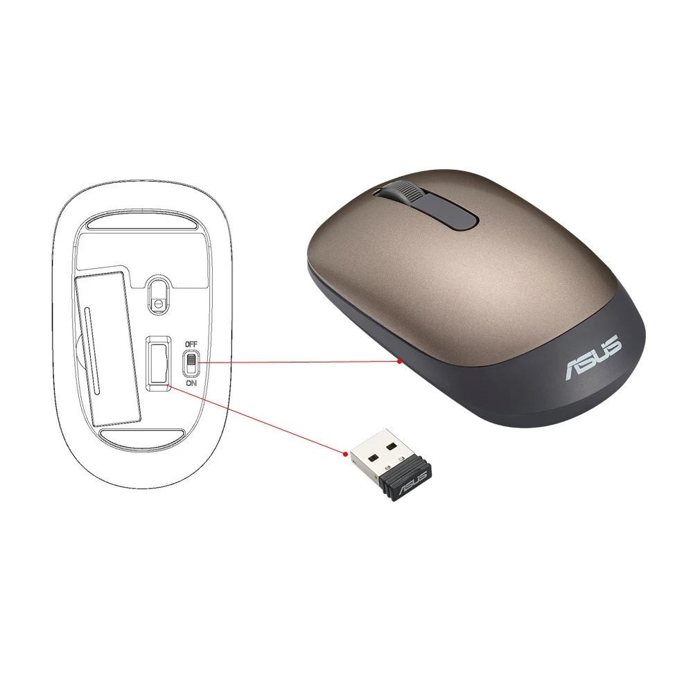 Мышь ASUS WT205 Gold/Black оптическая, беспроводная, 1200 dpi, USB, цвет: золотой/черный