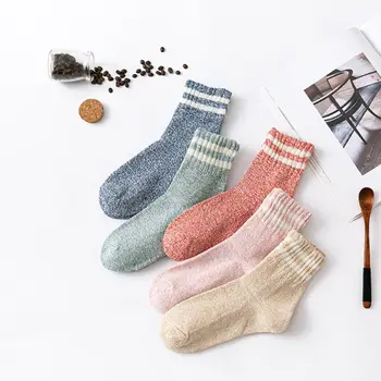 

5 Pairs Women Winter Faux Wool Knit Crew Socks Double Stripes Mid Tube Hosiery