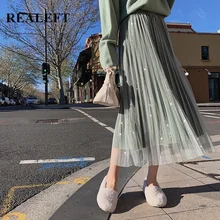 REALEFT Весна новые вельветовые длинные юбки с высокой талией, расшитые блестками сетчатые Лоскутные юбки до середины икры, женские плиссированные юбки для вечеринок