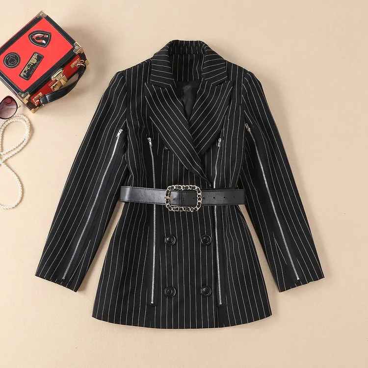 

Ozhouzhan 18 Autumn WOMEN'S Dress Ma Si Pure Celebrity Style Fold-down Collar Long Sleeve Zipper Decorations Stripes Suit Jacket