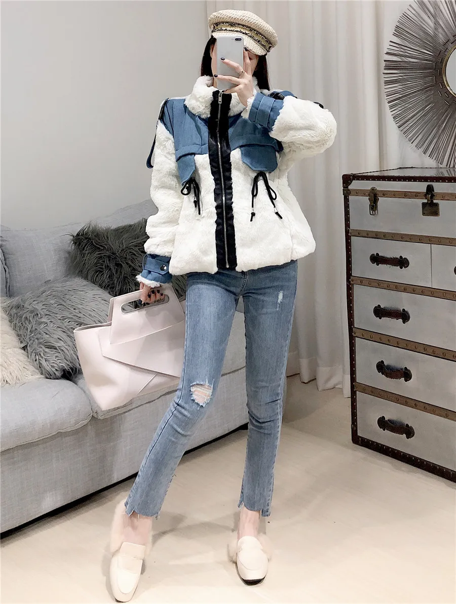 WHITNEY WANG осень зима модная уличная одежда джинсовое лоскутное пальто из искусственного меха женское плотное теплое зимнее пальто Верхняя одежда Пальто