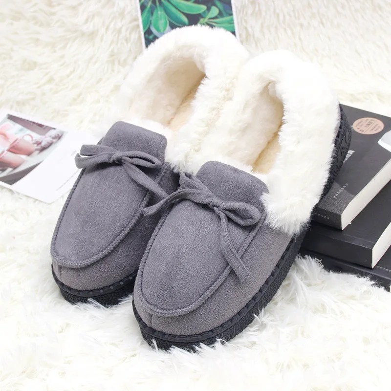 Женские домашние тапочки; женские замшевые зимние лоферы; женская обувь из плюша с теплым бантом; милые женские слипоны на плоской подошве; модная новинка года