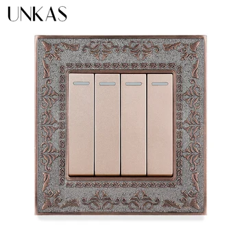 

UNKAS 4 Gang 1 Way / 2 Way Wall Light On / Off Switch Grey 4D Embossing Panel Retro Zinc Alloy Luxury Pass Through Gray