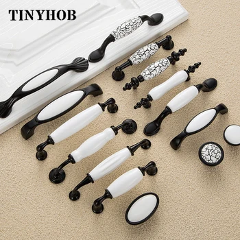 

Black White Door Handles Rural Style Ceramic Drawer Pulls Crackle Kitchen Cabinet Handles and Knobs Furniture Handles