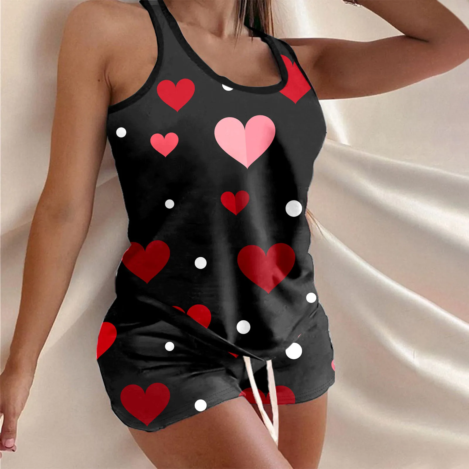 Sleepwear Summer Pajama Sets Women Valentine Day Pink Heart Love Print