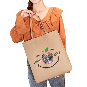 

Creative Ladies Sequin Shoulder Bag For Women Girls Fashionable Pu Leather Handbags Bags Casual Smiley Shopping Bucket Tote Bags