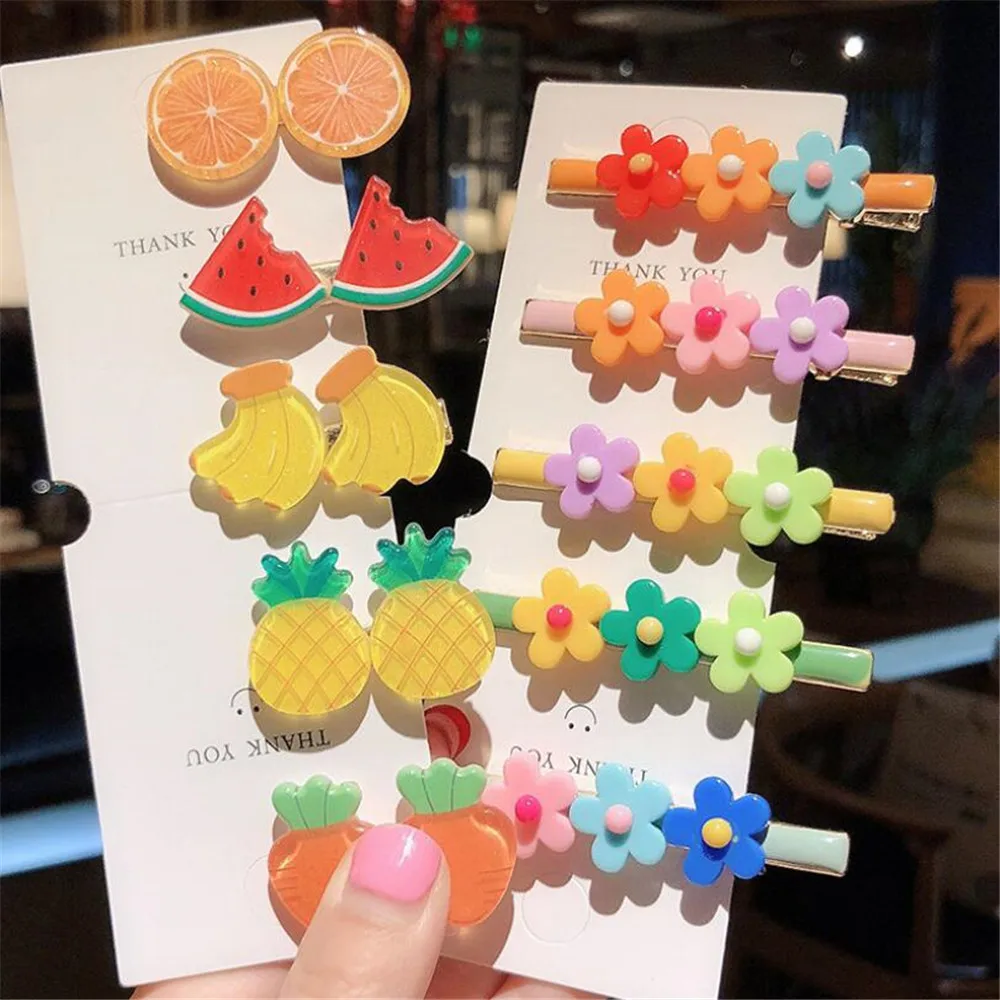 

2 Pcs/Set Fresh Flower Hairpin Children Cute Candy Color Fruit Banana Watermelon BB Clip For Women Girls Female