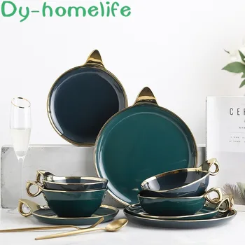 

Ceramic Tableware Nordic Phnom Penh Dark Green Blue Creative with Handle Multi-size Plate Bowl Dish Household Kitchen Supplies