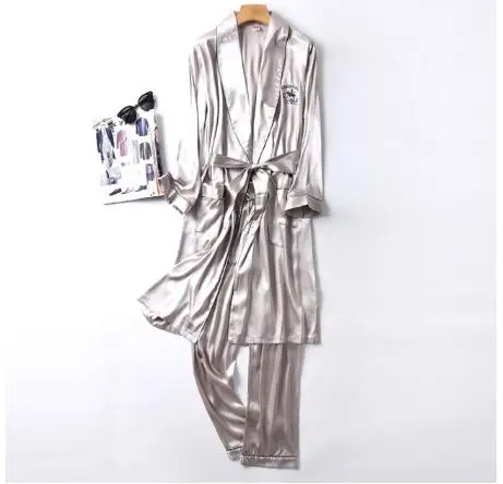 robe pants set 1 Двухкомпонентная шелковая ночная рубашка атласная Мужская одежда для сна свободная шелковистая одежда с длинными рукавами и длинными штанами ночной комплект для мужчин - Цвет: robe pants set 1
