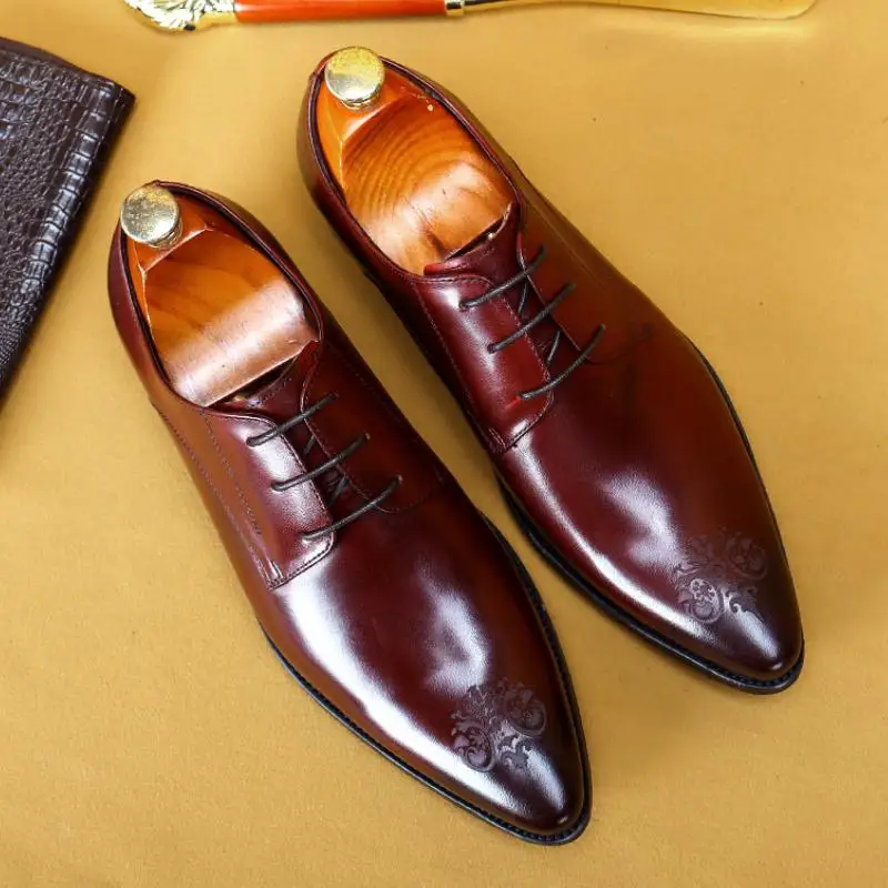 Mens Genuine Leather Wedding Shoes Pointed Toe Carving Business Office