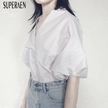 

SuperAen Temperament V-neck Shirts Women Wild Summer New 2020 Short Sleeve Ladies Blouses and Tops Pluz Size Women Clothing