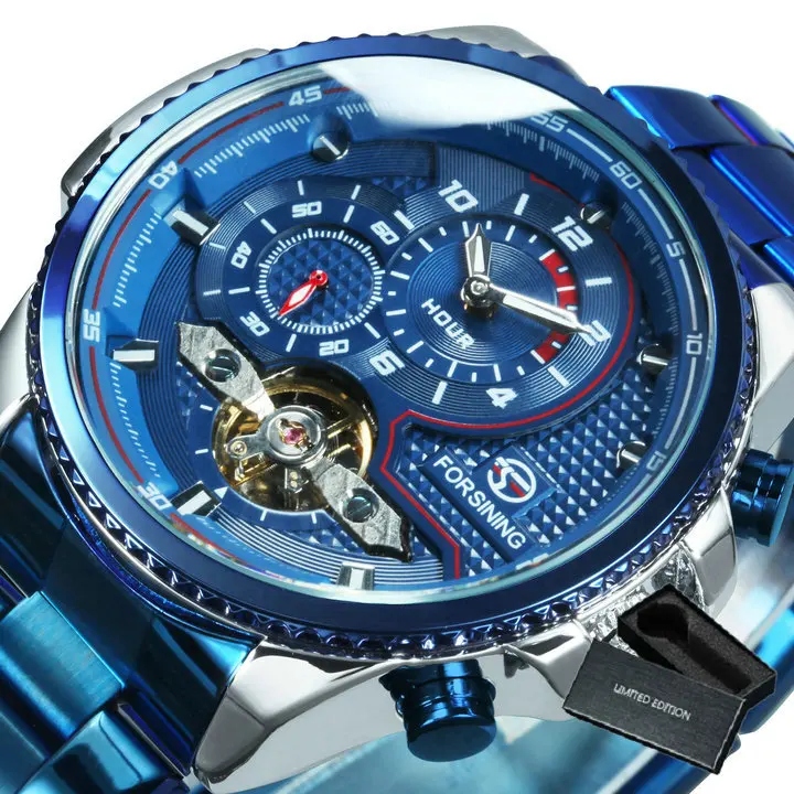 FORSINING Blue Tourbillon Watch for Men Automatic Mechanical Watches Mens 2021 Luxury Brand Steel Band Dropshipping montre homme luxury mechanical watch Mechanical Watches