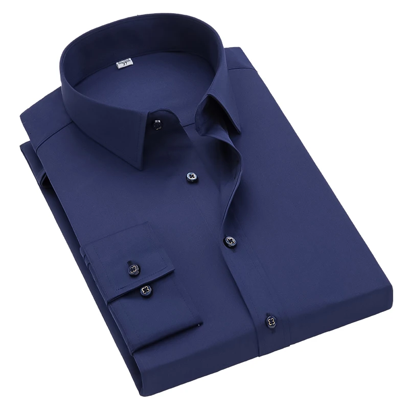 2019 Lente en Herfst Mode Nieuwe mannen Повседневная Изысканная деловая рубашка Effen Kleur Lange Mouwen Slim Katoenen