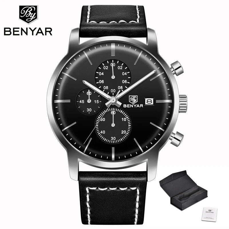 Silver Black Новинка, мужские часы BENYAR, Топ бренд, кварцевые часы, модные, с хронографом, водонепроницаемые, бизнес часы, наручные часы для мужчин, s Relogio Masculino - Цвет: Silver Black